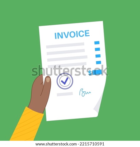 Invoice template. Document with text, stamp, seal and signature. Payment mockup with notary confirmation. Realistic file with shadow effect. Dilling statement, business concept vector illustration