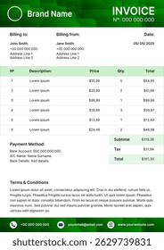 Invoice template. Payment agreement, corporate bill,  receipt. Business template, A4 format ready to print. Green banner with abstract pattern