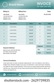 Invoice template. Payment agreement, corporate bill,  receipt. Business template, A4 format ready to print. Teal green banner with abstract pattern