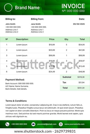 Invoice template. Payment agreement, corporate bill,  receipt. Business template, A4 format ready to print. Green banner with abstract pattern