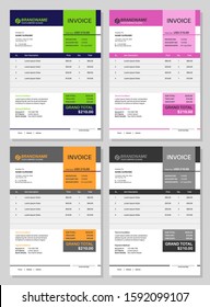 Plantilla de factura. Cálculo de comercio presupuestario total de facturación de recepción, orden de ventas de trabajo. Contabilidad de registros financieros formas de negocio de simple conjunto de vectores de documentos