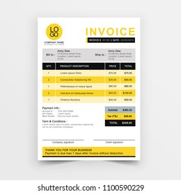 Invoice template vector design. Yellow minimal quotation design.	