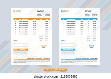 Invoice Template vector with yellow and blue colors. Corporate business billing paper and cash receipt design. Payment agreement and invoice bill template vector. Product purchase receipt design.