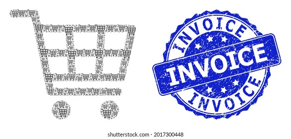 Invoice textured round stamp seal and vector fractal collage shopping cart. Blue stamp seal has Invoice tag inside circle shape. Vector collage is made with randomized shopping cart pictograms.