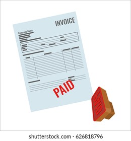 Invoice vector bill with red paid stamp close-up realistic illustration. Payment is made, rubber stamp near document