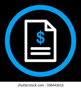 Invoice vector icon. Style is bicolor flat rounded symbol, blue and white colors, rounded angles, black background.