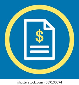 Invoice vector icon. Style is bicolor flat rounded symbol, yellow and white colors, rounded angles, blue background.