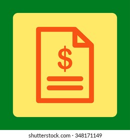 Invoice vector icon. Style is flat rounded square button, orange and yellow colors, green background.