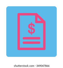 Invoice vector icon. Style is flat rounded square button, pink and blue colors, white background.