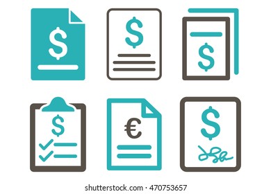 Invoice vector icons. Pictogram style is bicolor grey and cyan flat icons with rounded angles on a white background.