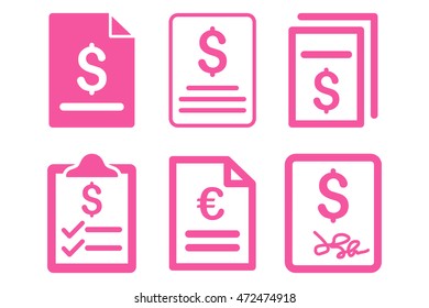 Invoice vector icons. Pictogram style is pink flat icons with rounded angles on a white background.