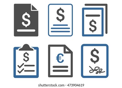 Invoice vector icons. Pictogram style is bicolor cobalt and gray flat icons with rounded angles on a white background.