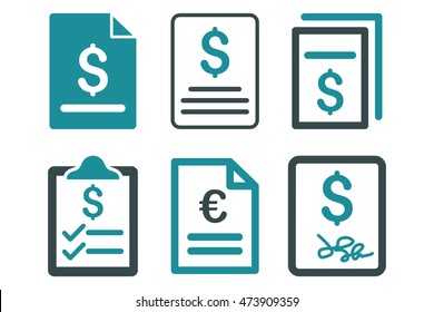 Invoice vector icons. Pictogram style is bicolor soft blue flat icons with rounded angles on a white background.