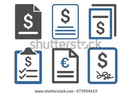 Invoice vector icons. Pictogram style is bicolor cobalt and gray flat icons with rounded angles on a white background.