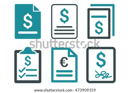 Invoice vector icons. Pictogram style is bicolor soft blue flat icons with rounded angles on a white background.