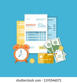 Invoices, accounts, checks with money and clock. Payment and invoicing, business or financial operations sign. Template design in the flat style. Vector illustration isolated.
