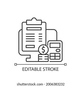 Invoicing linear icon. Cost management for business. Financial document. Work monitoring. Thin line customizable illustration. Contour symbol. Vector isolated outline drawing. Editable stroke