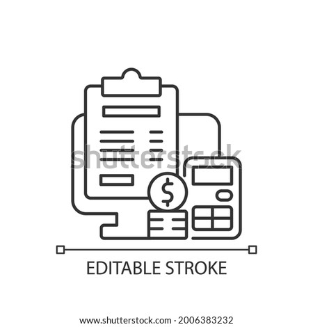 Invoicing linear icon. Cost management for business. Financial document. Work monitoring. Thin line customizable illustration. Contour symbol. Vector isolated outline drawing. Editable stroke
