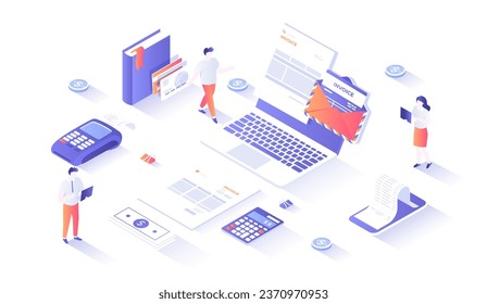Invoicing and Payment. Online paying, bookkeeping, accounting, internet banking. Electronic and paper invoice, bills on laptop screen. Isometry illustration with people scene for web graphic.