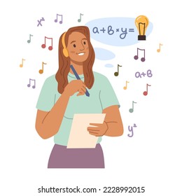 Pensamiento o mentalidad de tipo no voluntario, mujer aislada con habilidades creativas y analíticas. Redactar canciones y crear música. Caricatura, vector de estilo plano