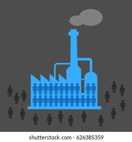 Involuntary unemployment - unemployed job seekers are seeking for work around factory. Plant is full of working employees. Negative inability of jobless people to find work. Vector flat design