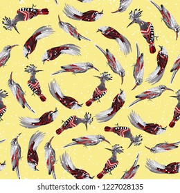 Involute composition black white with red tropical birds seamless pattern yellow background