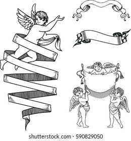 involute ribbons and angels in vintage style. Old vector elements with cupids  isolated on white background 