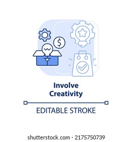 Involucrar creatividad Icono concepto azul claro. Ilustración de línea delgada de ideas abstractas de tendencia de ventas. Nuevas soluciones. Dibujo de contorno aislado. Trazo editable. Fuentes Arial, Myriad Pro-Bold utilizadas