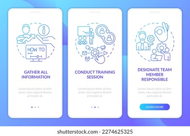 Involve new business software tips blue gradient onboarding mobile app screen. Walkthrough 3 steps graphic instructions with linear concepts. UI, UX, GUI template. Myriad Pro-Bold, Regular fonts used