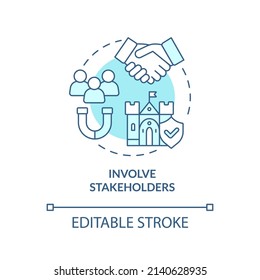 Involve stakeholders turquoise concept icon. Principle of heritage conservation abstract idea thin line illustration. Isolated outline drawing. Editable stroke. Arial, Myriad Pro-Bold fonts used