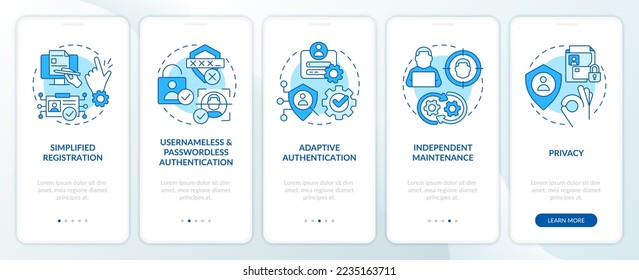 Involving CIAM advantages blue onboarding mobile app screen. Walkthrough 5 steps editable graphic instructions with linear concepts. UI, UX, GUI template. Myriad Pro-Bold, Regular fonts used