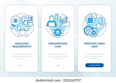 Involving CIAM in business blue onboarding mobile app screen. Walkthrough 3 steps editable graphic instructions with linear concepts. UI, UX, GUI template. Myriad Pro-Bold, Regular fonts used