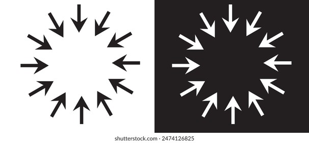 Inward arrow icon set. Inward arrows silhouette shape icon. Arrow pointing center vector on white and black background. vector illustration.