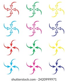 Vector de icono de flecha hacia adentro. Símbolo de símbolo de icono de cuatro flechas en estilo plano de moda. Establecer elementos en iconos de color. Ilustración del icono del vector central de flecha aislada en fondo blanco