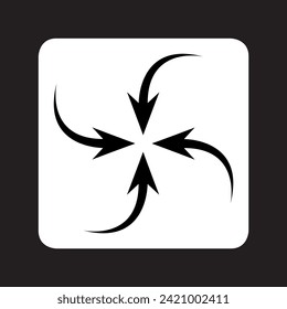 Pfeilsymbol nach innen. Vier Pfeile Logo-Design. Pfeilzeigermitte, Vektorsymbol auf quadratischem Hintergrund einzeln