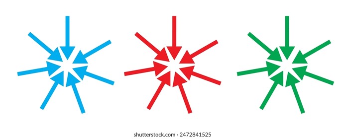 Nach innen zeigende Vektorgrafik des Symbols. Vier Pfeile Symbol im trendigen flachen Stil. Elemente in farbigen Symbolen festlegen. Pfeilspitz-Vektorgrafik-Symbol auf weißem Hintergrund