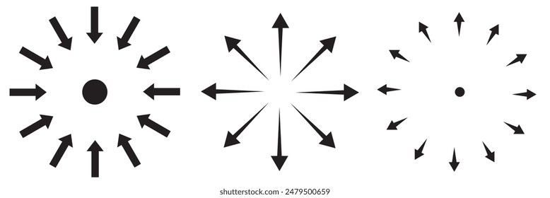 Vector de icono de flecha hacia dentro. Vector de símbolo de signo de icono de cuatro flechas. Ilustración del Vector del centro de la flecha aislada en el fondo blanco