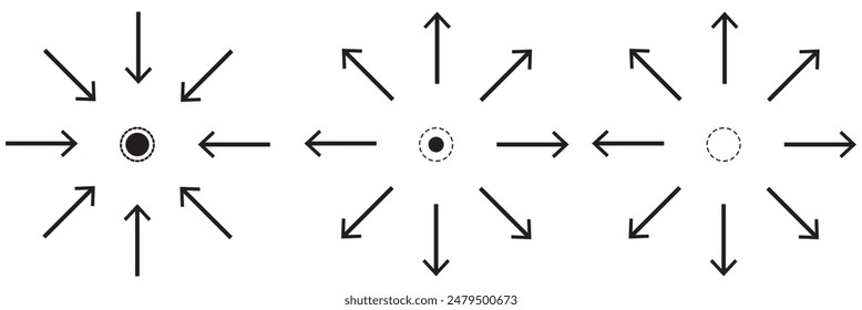 Vector de icono de flecha hacia dentro. Vector de símbolo de signo de icono de cuatro flechas. Ilustración del Vector del centro de la flecha aislada en el fondo blanco