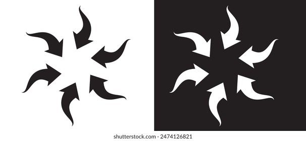 Inward arrows silhouette shape icon.  Radial inward arrow icon set. Arrow pointing center vector on white and black background. vector illustration.