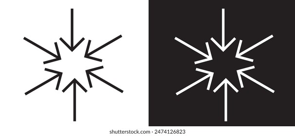 Inward arrows silhouette shape icon vector. Radial inward arrow icon set.  Arrow pointing center vector on white and black background. vector illustration.