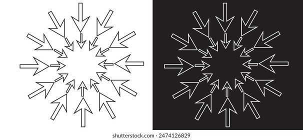  Conjunto de iconos de flecha radial hacia dentro. Icono de forma de silueta de flechas hacia dentro. Flecha apuntando Vector central sobre fondo blanco y negro. Ilustración vectorial.
