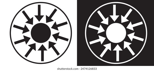  Conjunto de iconos de flecha radial hacia dentro. Icono de forma de silueta de flechas hacia dentro. Flecha apuntando Vector central sobre fondo blanco y negro. Ilustración vectorial.