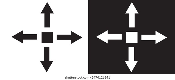 Inward arrows silhouette shape icon vector. Radial inward arrow icon set. Arrow pointing center vector on white and black background. vector illustration.