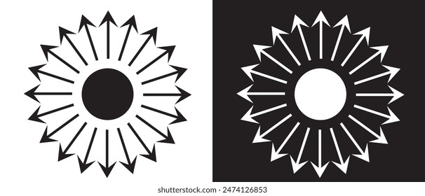 Inward arrows silhouette shape icon vector. Radial inward arrow icon set. Arrow pointing center vector on white and black background. vector illustration.