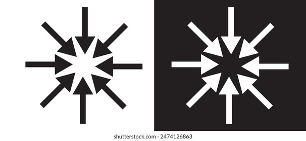Inward arrows silhouette shape icon. Radial inward arrow icon set. Arrow pointing center vector on white and black background. vector illustration.