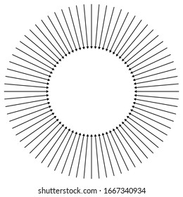Inward circular, radial arrows for tighten, collision, collide themes. Collapse,  denture cursor illustration. Diminish, merge pointer element