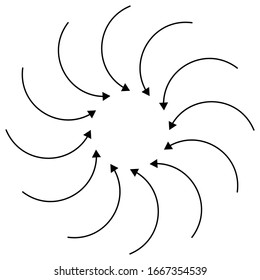 Inward circular, radial arrows for tighten, collision and collide themes. Collapse,  denture cursor illustration. Diminish, merge concept pointer element