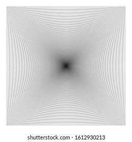 Inward, recess curved lines grid, mesh. Incline compress hollow, indent, dent distortion. Compression, depression negative space pattern. warp, deform lattice, grating or trellis abstract element