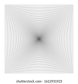 Inward, recess curved lines grid, mesh. Incline compress hollow, indent, dent distortion. Compression, depression negative space pattern. warp, deform lattice, grating or trellis abstract element