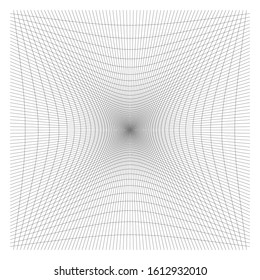 Inward, recess curved lines grid, mesh. Incline compress hollow, indent, dent distortion. Compression, depression negative space pattern. warp, deform lattice, grating or trellis abstract element